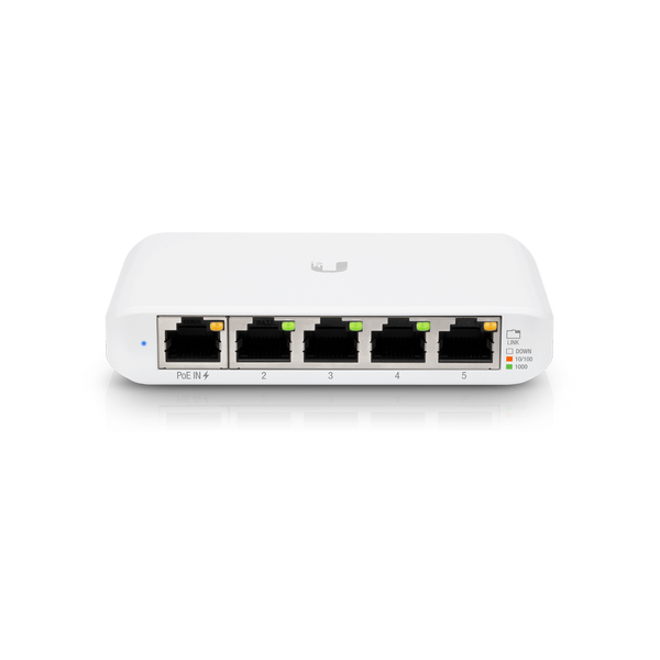 Switch Flex (5) GbE RJ45 ports, Fully Managed, Layer 2, 1 PoE input. The USW Flex Mini can be powered with either PoE (via Port 1) or its included USB-C power adapter