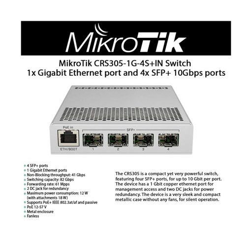 MikroTik 5-Port Desktop Switch, 1 Gigabit Ethernet Port, 4 SFP+ 10Gbps Ports (CRS305-1G-4S+IN)