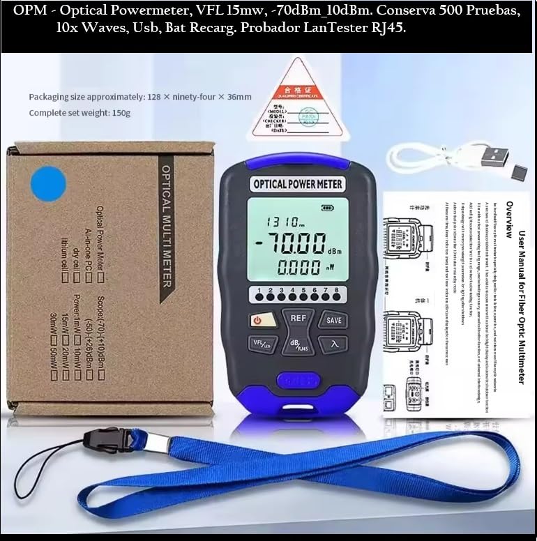 Netyzon. OPM Mini, 4in1, VFL 1-50km -50~+10dBm, Adapter FC LC. Fiber Network Cable LAN Tester, Light, USB Rechargeable, Bag,…