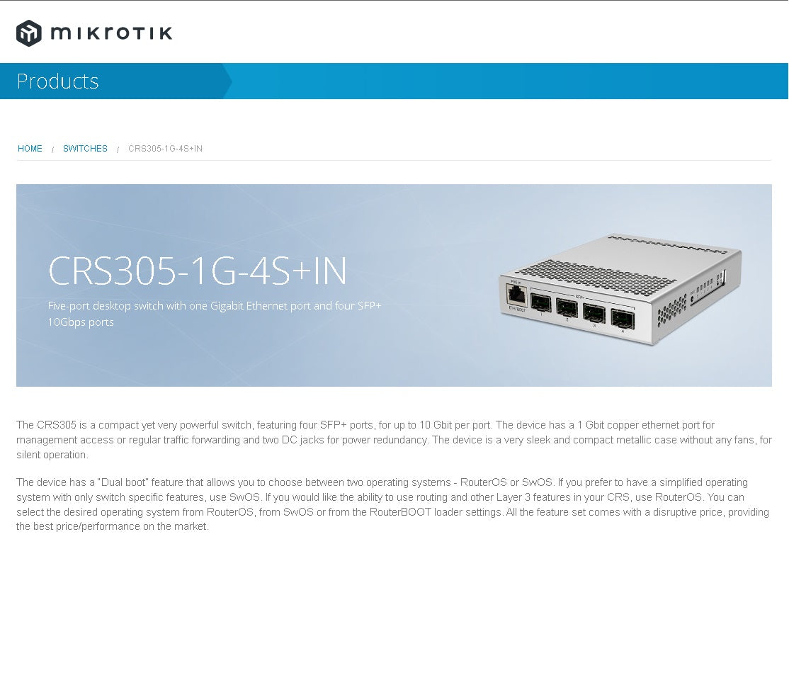 MikroTik 5-Port Desktop Switch, 1 Gigabit Ethernet Port, 4 SFP+ 10Gbps Ports (CRS305-1G-4S+IN)