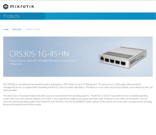 MikroTik 5-Port Desktop Switch, 1 Gigabit Ethernet Port, 4 SFP+ 10Gbps Ports (CRS305-1G-4S+IN)