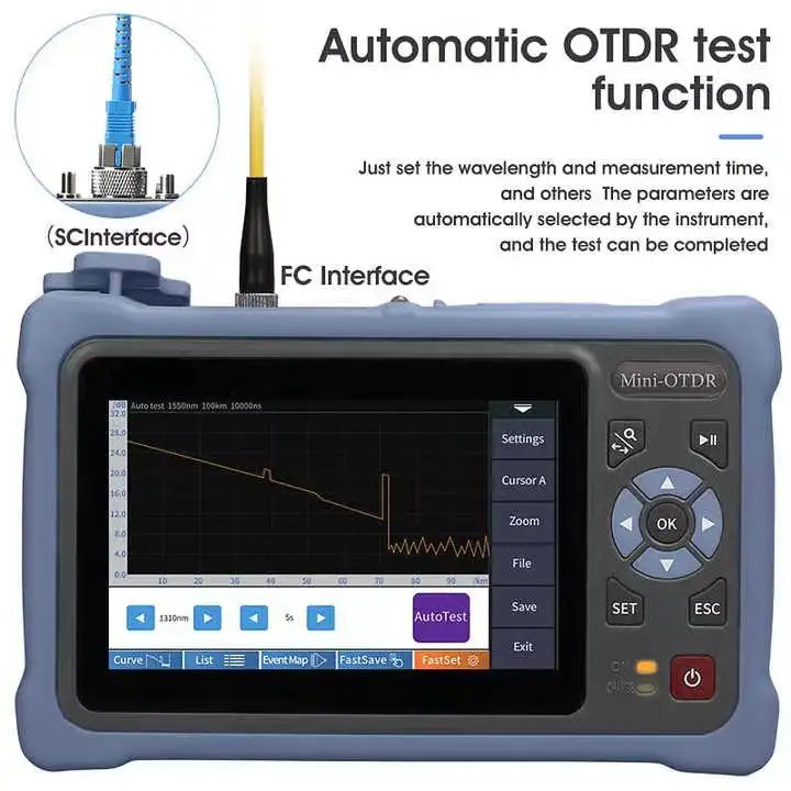 Mini OTDR-Pro SM 1310/1550nm 26/24dB, 4.3" Touchscreen Test Rang 5m-100Km, LAN Tester Built in OPM / OLS / RJ-45 / UTP / FTTX