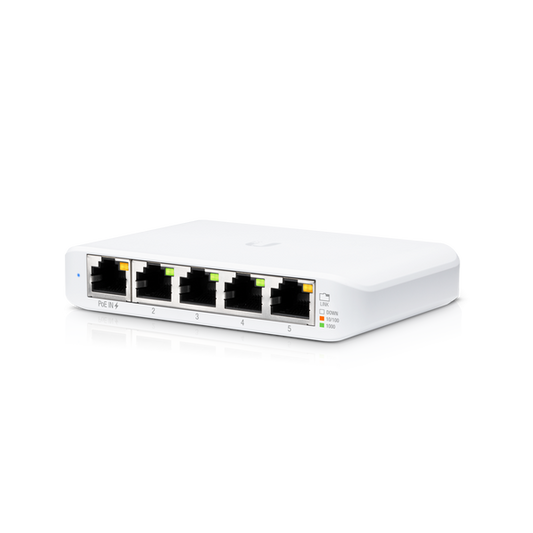 Switch Flex (5) GbE RJ45 ports, Fully Managed, Layer 2, 1 PoE input. The USW Flex Mini can be powered with either PoE (via Port 1) or its included USB-C power adapter